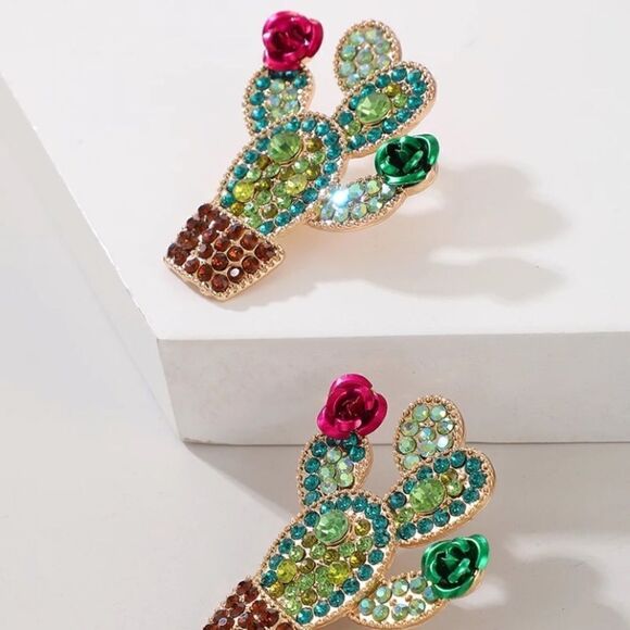 Flowering Cactus Earrings Rhinestone Green Pink - Picture 3 of 3